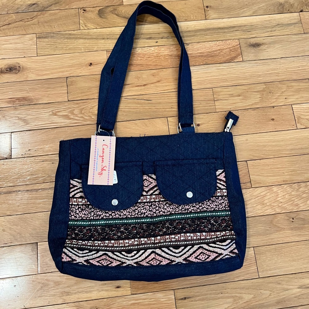Canyon‎ Sky Southwest Denim Bag Quilted Blue Woven Aztec Shoulder Purse New